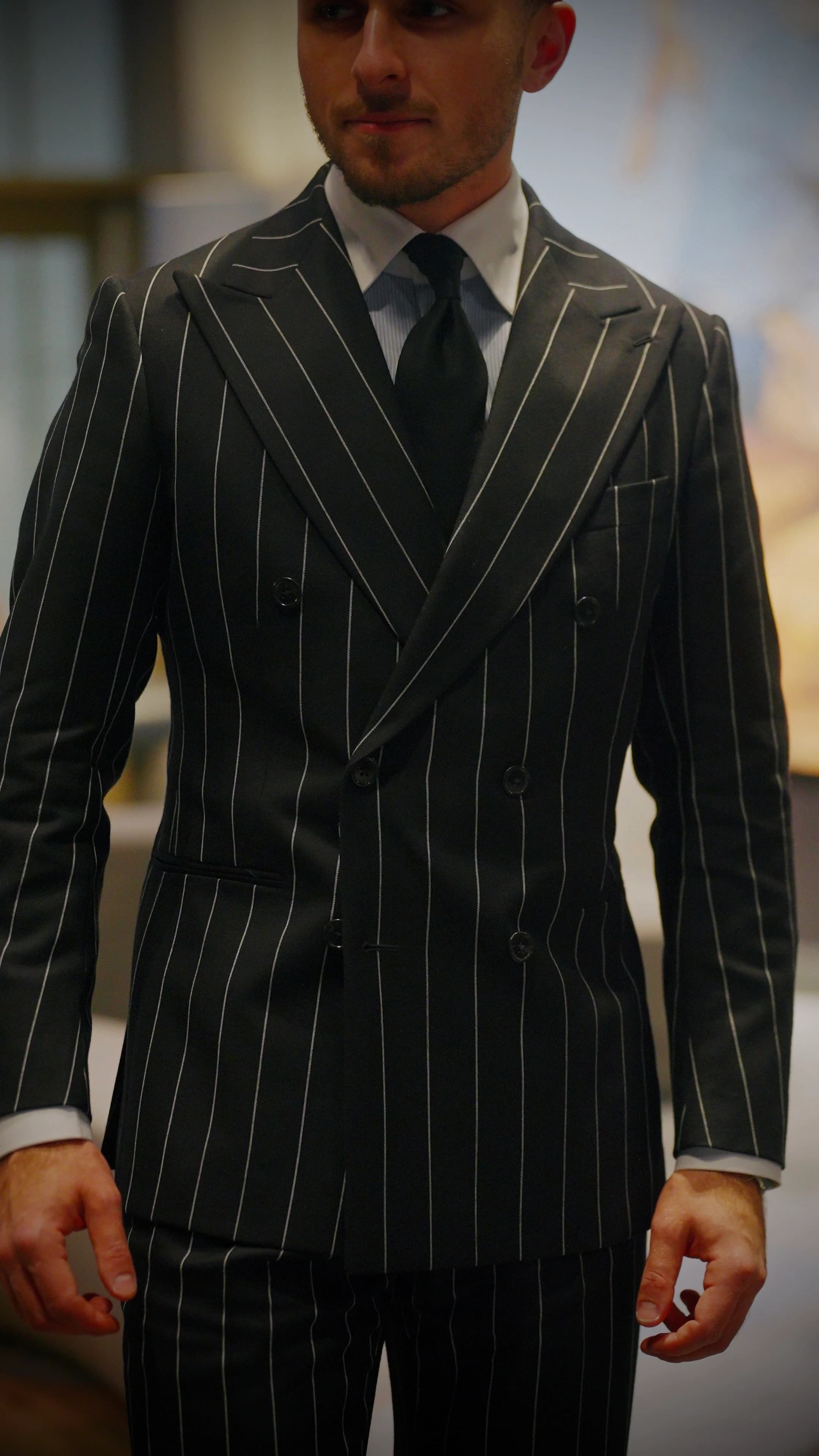 Black Double Breasted Pinstripe Detail